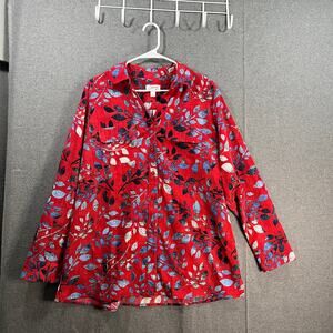 Denim & Co. Printed Woven Button Front Roll Tab Sleeve Tunic Apple Red, Large